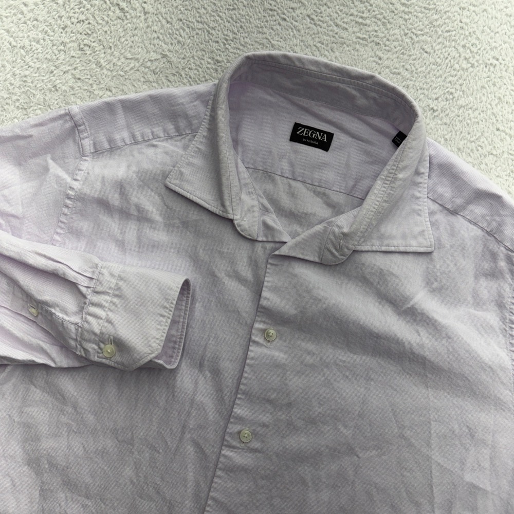 Zegna Su Misura Mens Light Purple Micro Check Cotton Button Down Shirt Custom